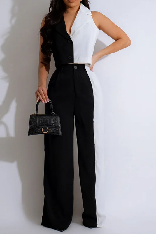 Hit Color Patchwork Smart Notched Lapel Pant Suit Relaxed Fit Trousers