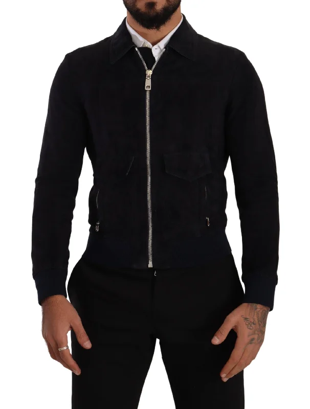 Elegant Blue Suede Short Jacket Zip Front Button Front Snap Front