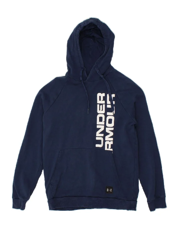 UNDER ARMOUR Womens Graphic Hoodie Jumper UK 10 Small Navy Blue Hoodie with Metallic Shiny Futuristic