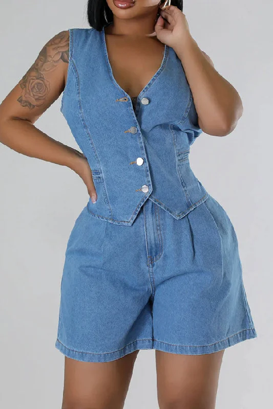 Blue Washed Denim Classic Sleeveless V Neck Pant Suit Stylish Paperbag Waist Pants