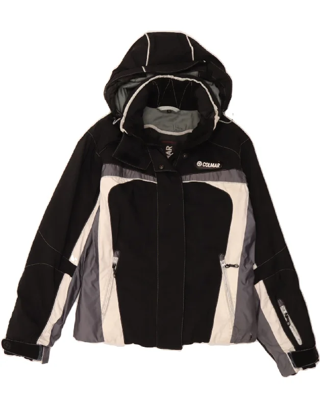 COLMAR Womens Hooded Ski Jacket IT 42 Medium Black Colourblock Bomber Jacket Anorak Windbreaker