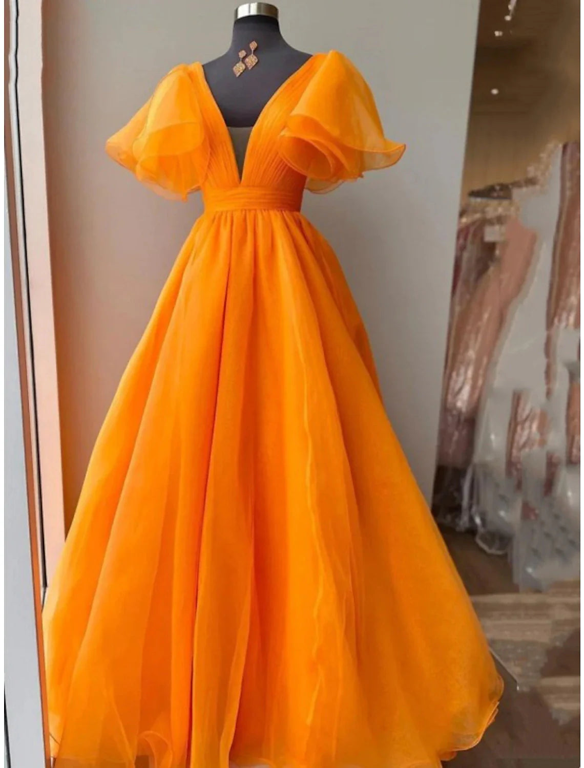 Ball Gown Evening Gown Celebrity Style Dress Wedding Party Dress Floor Length Short Sleeve V Neck Fall Wedding Guest Organza with Pleats Ruffles Tunics New arrival