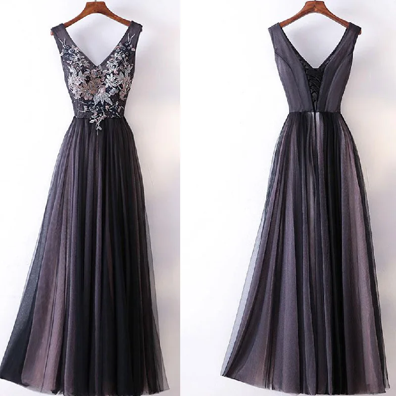 Long Prom Dress, V-Neck Prom Dress, Tulle Prom Dress, A-Line Prom Dress, Applique Prom Dress, Sleeveless Prom Dress, Party Dresses, Evening Dresses, LB0713 Tunics Fashionable trendy
