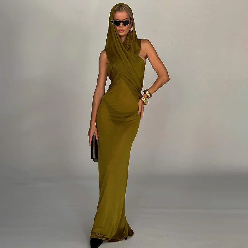 IKEARLAX Summer turmeric sleeveless cross-hooded mesh dress 2025 women's clothing New new sexy backless long dress
