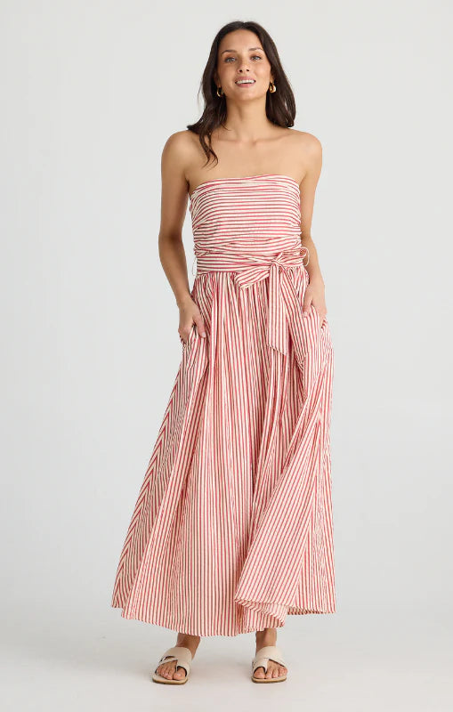 Avalon Dress in White w Red Stripe