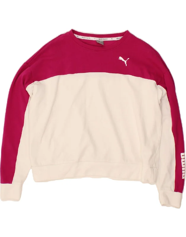 PUMA Womens Oversized Crop Sweatshirt Jumper UK 14 Medium Pink Colourblock Hoodie with Full-Zip Functional Layering