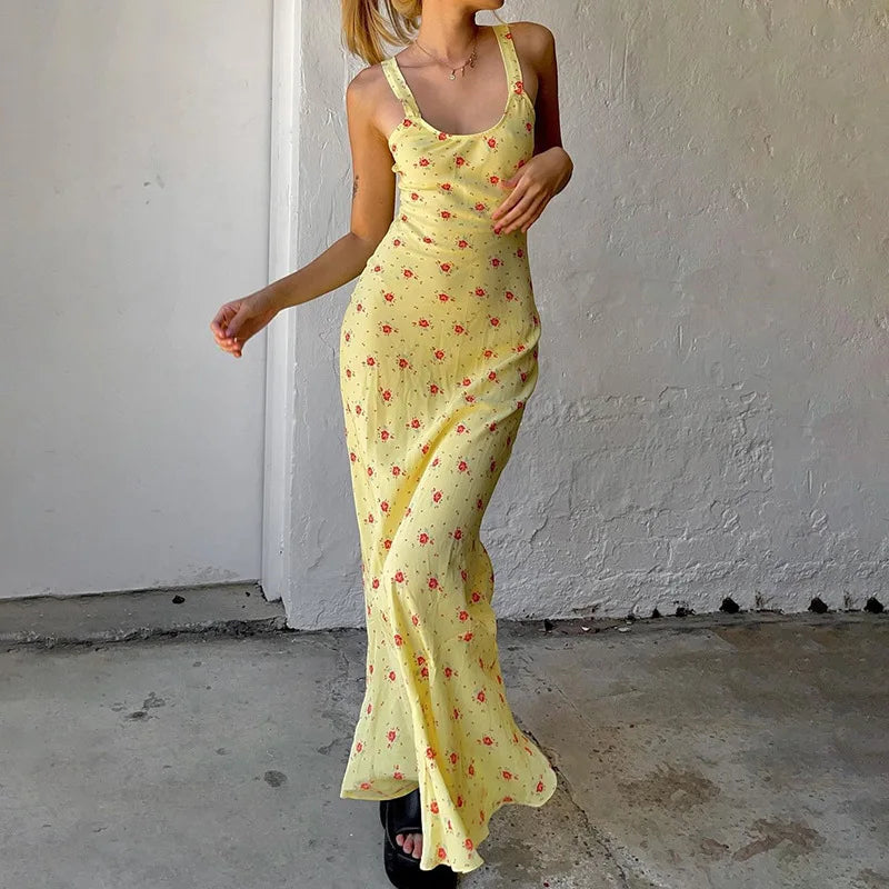 Wjczt Summer Sexy Dress Women Sleeveless Beach Fashion Floral Print Backless Slim Maxi Dress Elegant Club Strap Party Dresses Female Tunics Luxurious premium