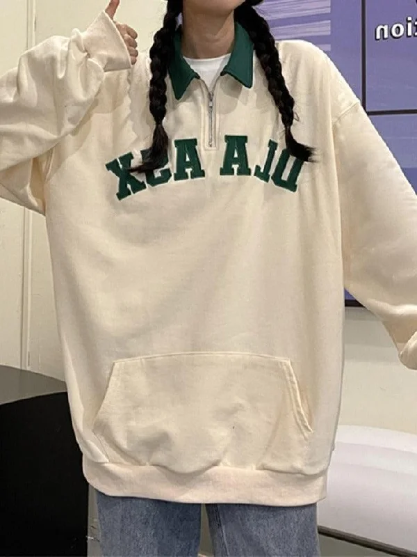 Contrast Color Letter Embroidery Kangaroo Pocket Sweatshirt Hoodie with Cuffed Sleeves Snug Secure