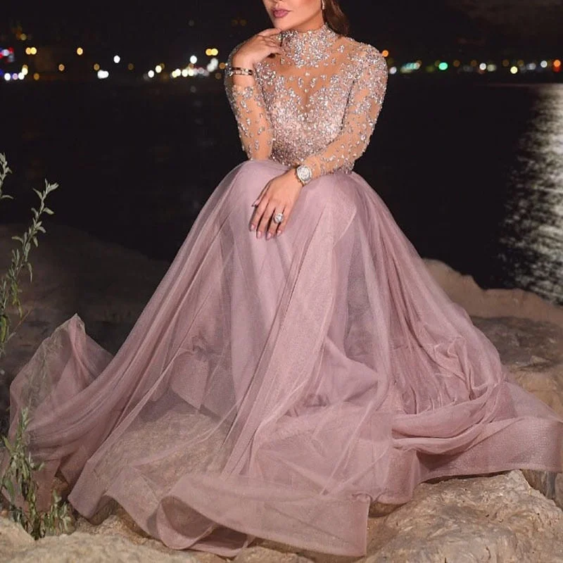 Wjczt Luxury Women Wedding Dress High Collar Long Sleeve Sequined Swing Long Lace Dress Tulle See-through Evening Party Dress Tunics Travel practical