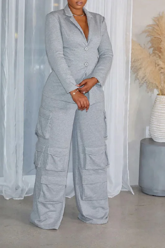 Solid Color Notched Lapel Casual Multi Pocket Pant Suit Soft Stretch Leggings