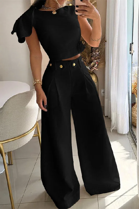 Plain Asymmetric Petal Sleeve Elegant Wide Leg Pant Suit Warm Wool Trousers
