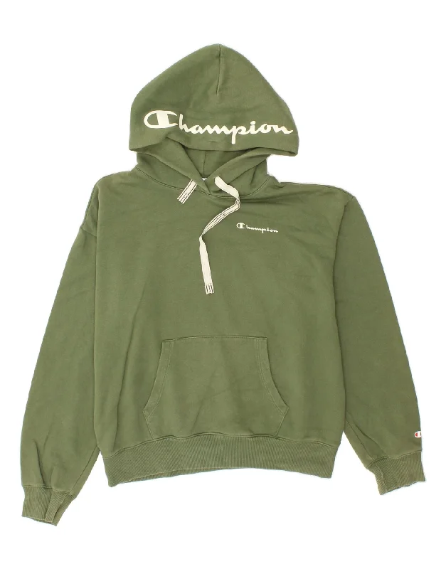 CHAMPION Womens Graphic Hoodie Jumper UK 20 2XL Green Cotton Hoodie with Elastic Cuffs Stretchable Comfortable
