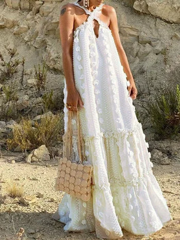 Solid Ball Tassel Party Dress Hollow Cross Halter Beach Dress Tunics Ceremony elegant