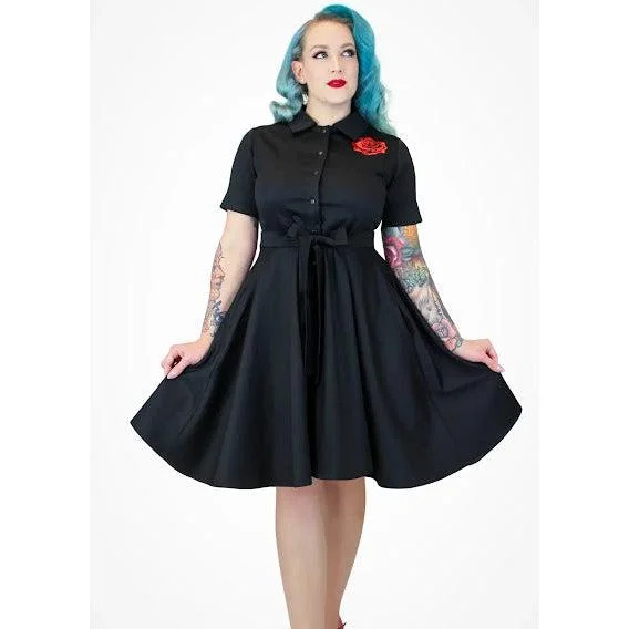 Embroidered Rose Circle Dress in Black by Hemet Boat Neckline Classic