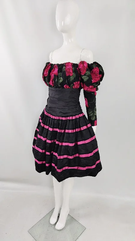 Roland Klein Vintage Floral Silk Off the Shoulder Party Dress, 1980s Tunics Review highly