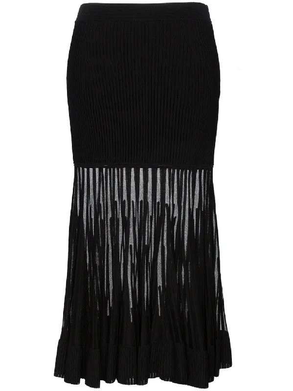 Mesh Panel Ribbed Knit Midi Skirt silk skirt luxurious