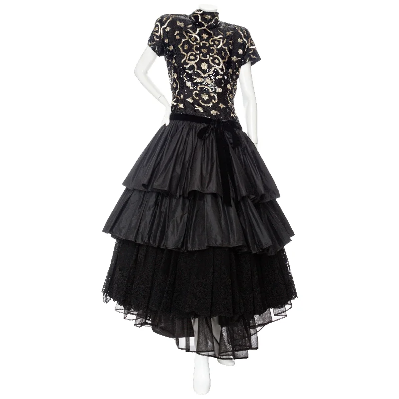 1980s Sequined Black and Gold Tiered Taffeta and Lace Dress Tunics Practical easy-care