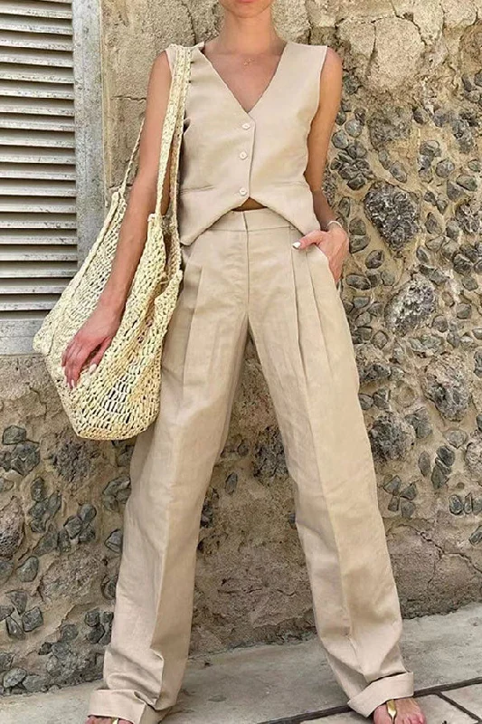 Solid Color Elegant V Neck Straight Pant Suit Cozy Lounge Pants