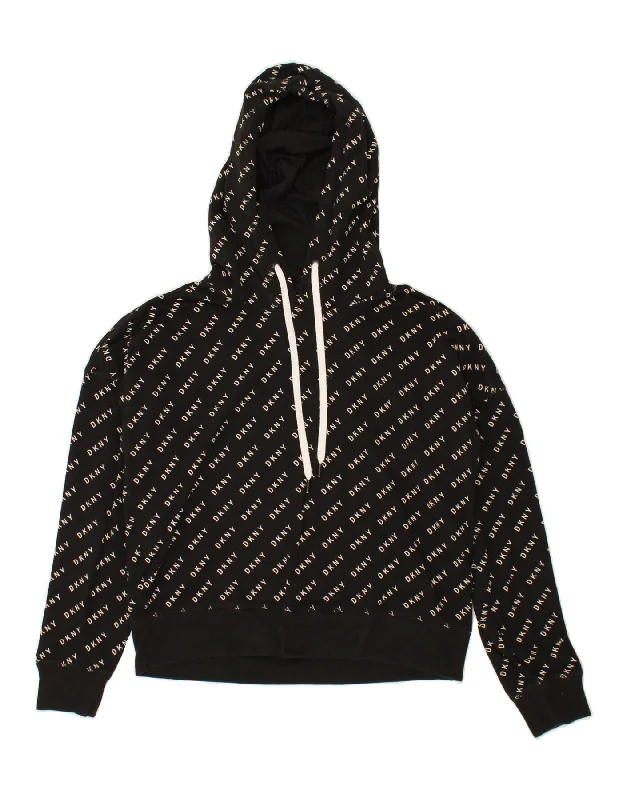 DKNY Womens Graphic Hoodie Jumper UK 14 Medium Black Cotton Hoodie with Puffed Sleeves Voluminous Trendy