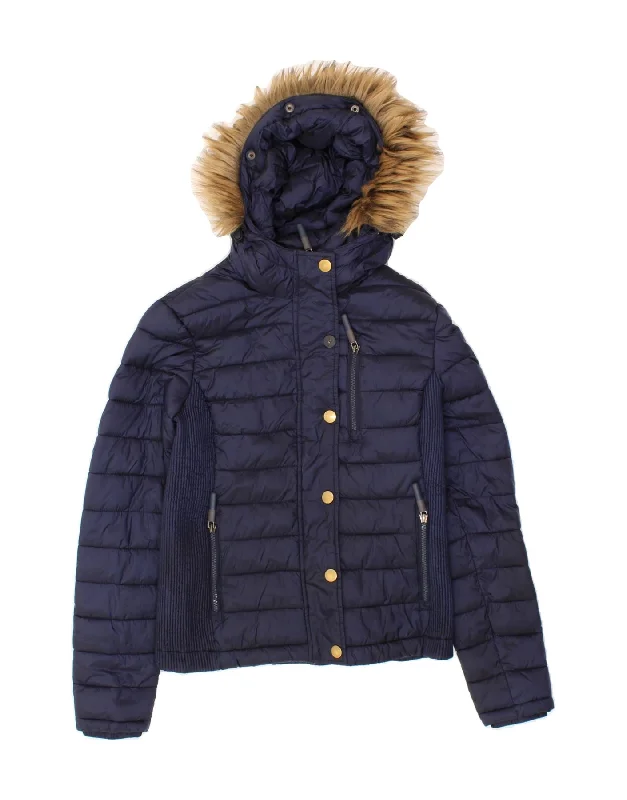 SUPERDRY Womens Hooded Padded Jacket UK 10 Small Navy Blue Nylon Bomber Jacket Anorak Windbreaker SUPERDRY Womens Hooded Padded Jacket UK 10 Small Navy Blue Nylon Bomber Jacket Anorak Windbreaker