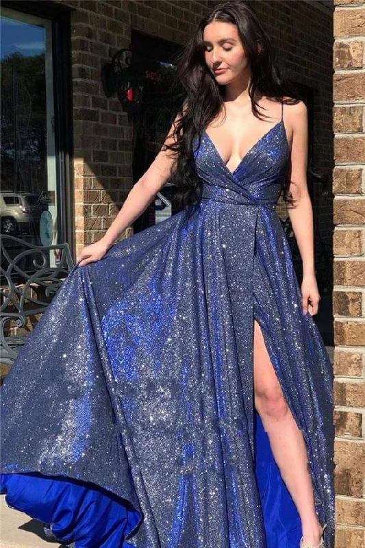 Sparkly A-line Spaghetti Straps Prom Dresses, Evening Dresses With Slit
