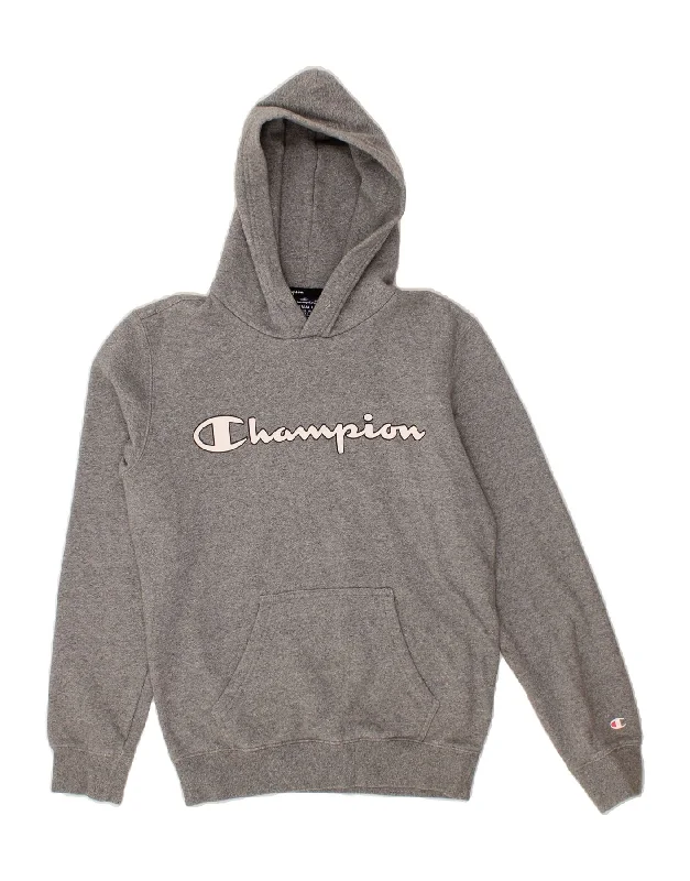 CHAMPION Womens Graphic Hoodie Jumper UK 6 XS Grey Polyester Hoodie with Earth Tones Natural Calm