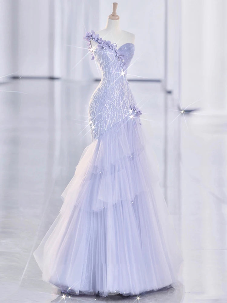 Wjczt Purple Sequin Mermaid Bride Formal Evening Party Dress 3D Floar Shoulder Tulle Princess Birthday Gown for Wedding Guest Tunics stripes playful