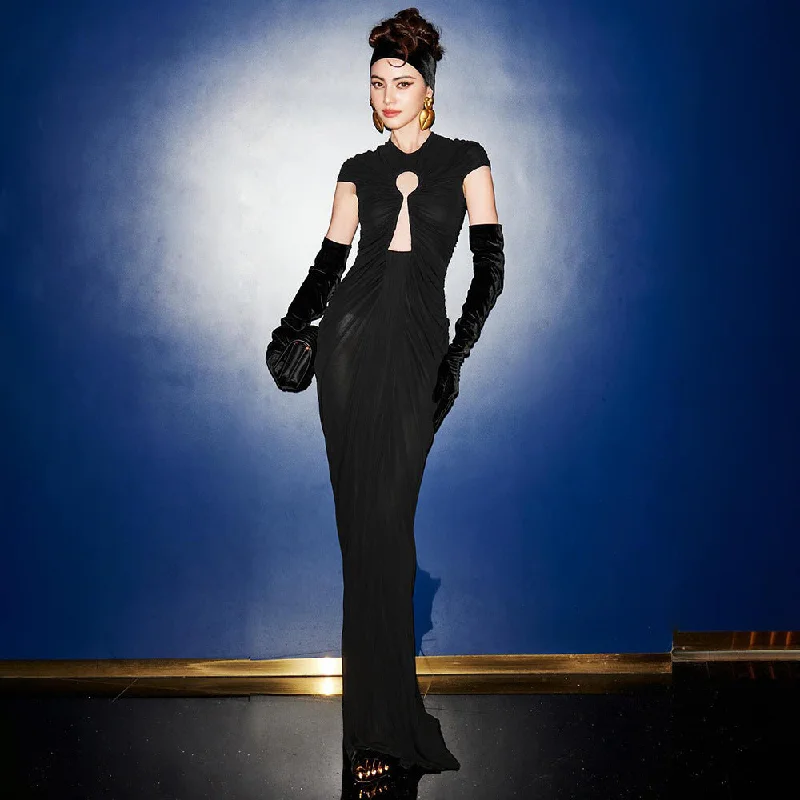 IKEARLAX popular New Elegant Long Mesh Hollow Dress Dinner Fashion Retro Autumn and Winter 2025 Women's Clothing Express