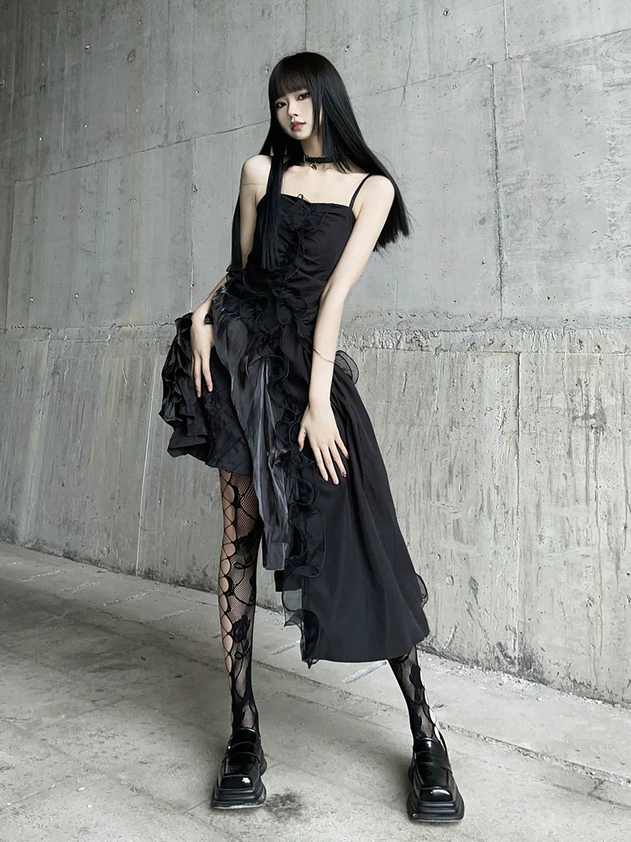Dark Ruffle Party Dress Tunics Long Elegant