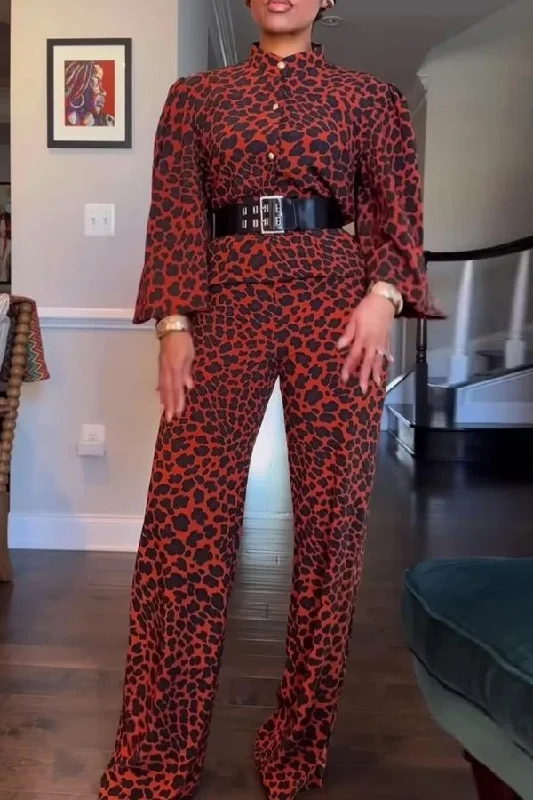 Leopard Print Puff Sleeve On-trend Pant Suit Comfortable Jogger Trousers