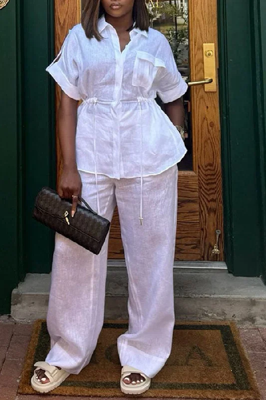 Solid Color Short Sleeve Laid Back Drawstring Pant Suit Formal Slim Pants
