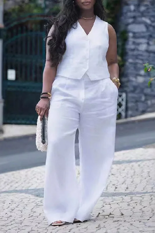 Solid Color Sleeveless Commuting Wide Leg Pant Suit Elegant Trouser Pants