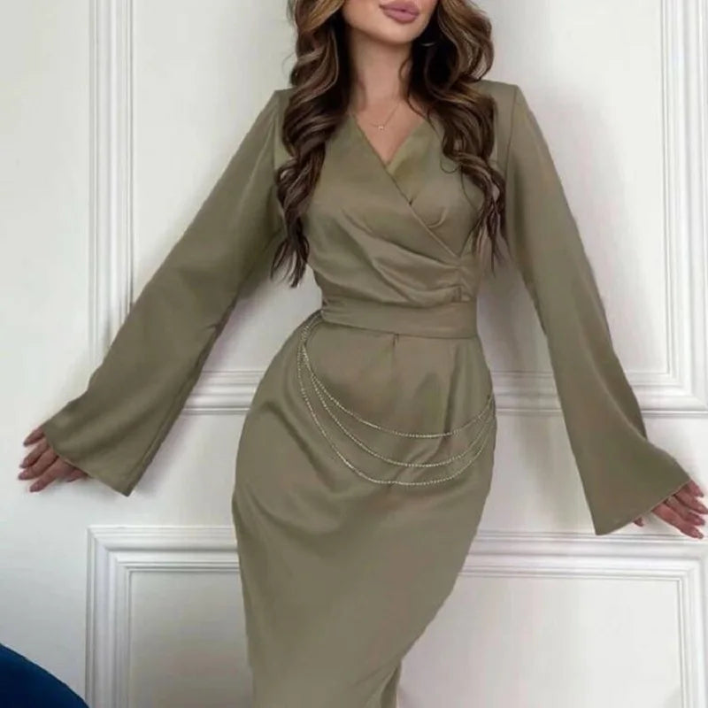 Wjczt Spring V-neck Elegant Satin Women Party Dress Fashion High Waist Chains Design Long Dress Autumn Long Sleeve Straight Maxi Dress Bodycon Fitted Nightout