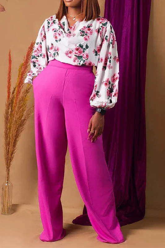 Floral Print Elegant Cowl Neck Pant Suit Modern Bootcut Pants