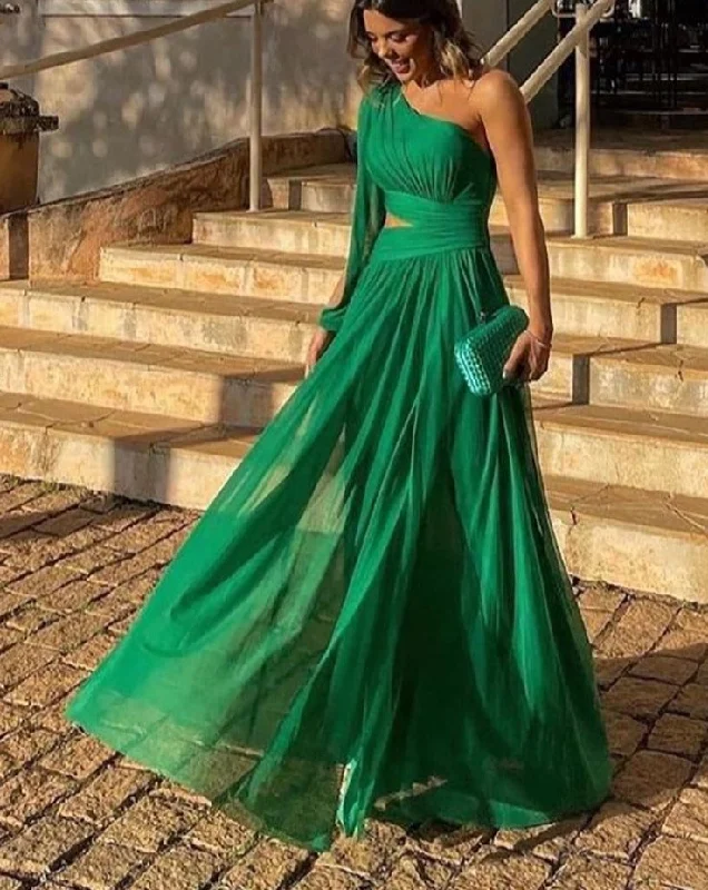 Wjczt Green Color Women Shinnign Satin Sexy One Shoulder Hollow Out Bodycon Long Dress Fashion Celebrate Cocktail Maxi Party Dress Tunics Timeless classic