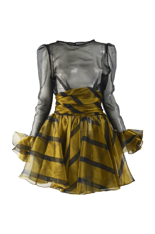 Vintage Sheer Gold & Black Ruffled Party Dress, 1980s Square Neckline Feminine