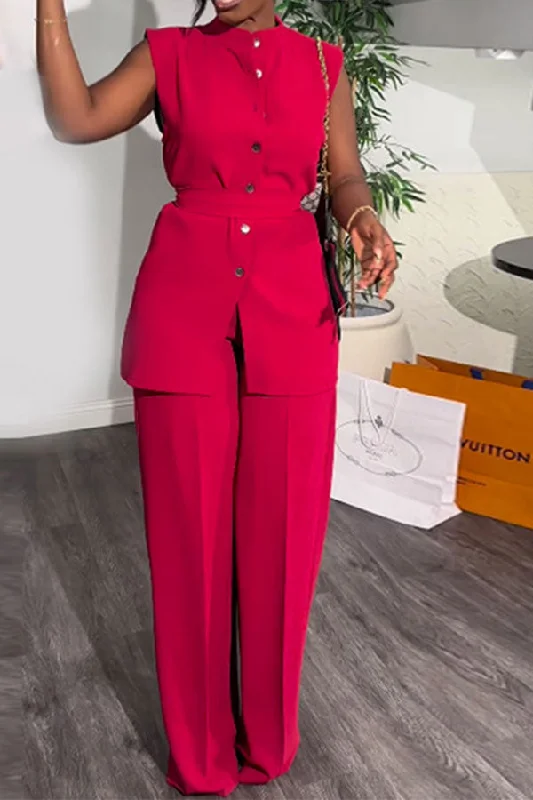 Solid Color Feminine OL Belted Wide Leg Pant Suit Trendy High-Waist Trousers
