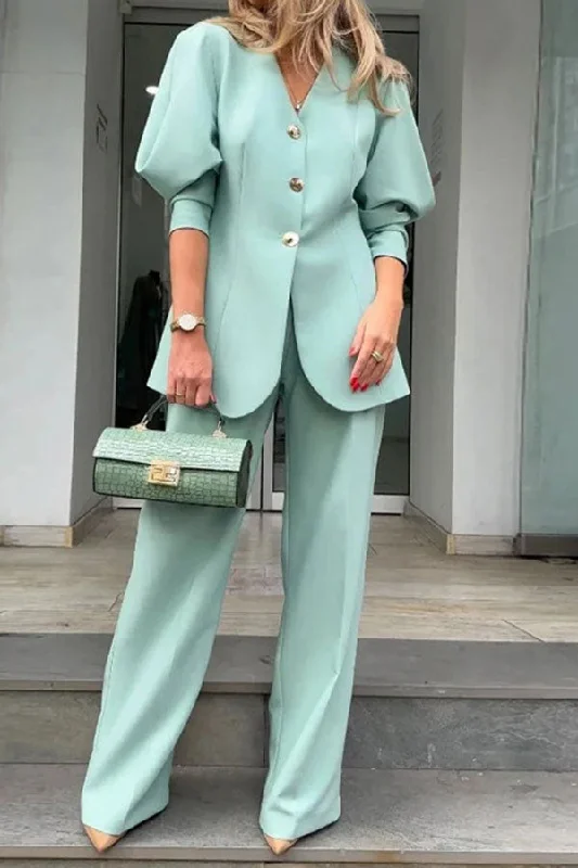 Solid Color Elegant V Neck Pant Suit Cozy Knit Pants
