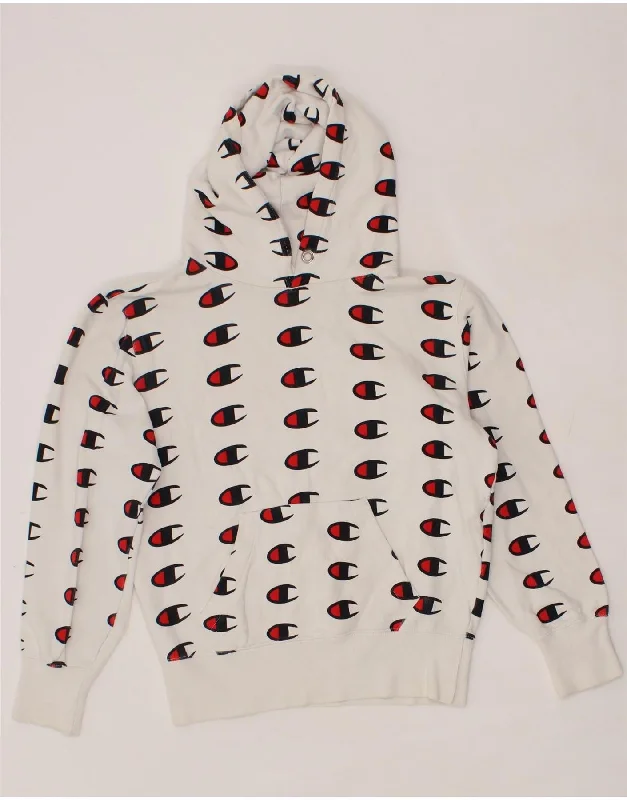 CHAMPION Womens Oversized Graphic Hoodie Jumper UK 6 XS White Zip Hoodie Drawstring Kangaroo Pocket