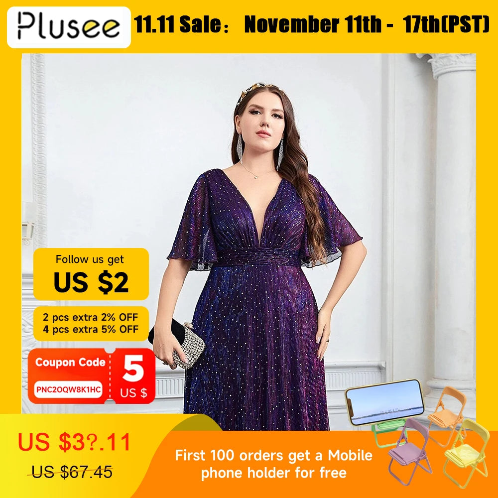 Wedding Bridesmaid Dress For Plus Size Female Fashion Plunging Neck Butterfly Sleeve Glitter Party Dresses Large Size Lady Dress Tunics Gym athletic
