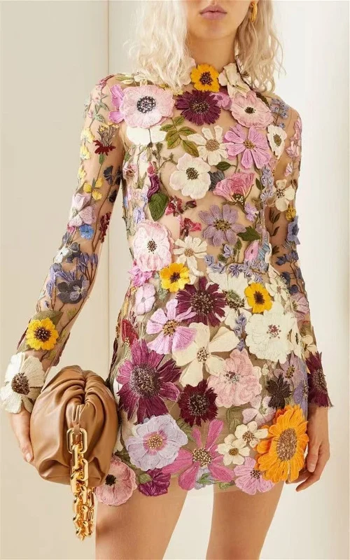 Wjczt Floral Women Mini Dress New in Elegant Embroidery Half High Collar Long Sleeve Dress Luxury Lady Evening Party Dresses Tunics Cozy comfortable