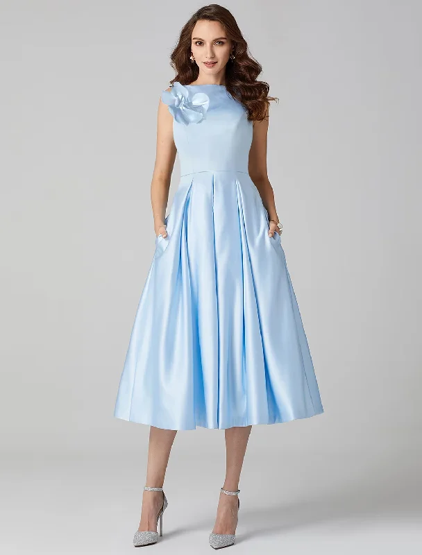 A-Line Cocktail Dresses Party Dress Formal Tea Length Sleeveless Jewel Neck Pocket Satin with Pleats Shouder Flower A-Line Day Work