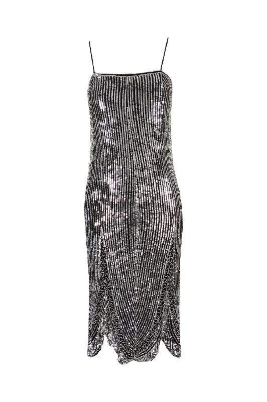 Vintage Black Silk & Silver Sequin Art Deco Party Dress, 1980s Off-the-shoulder Chic Trendy