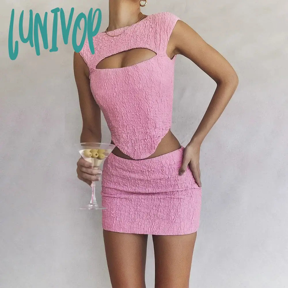 Lunivop Pink Sleeveless 2 Piece Dress Set Sexy Cut Out Holiday Party Dresses Casual Cropped Top and Mini Skirt Women Off-the-shoulder Bohemian Festive