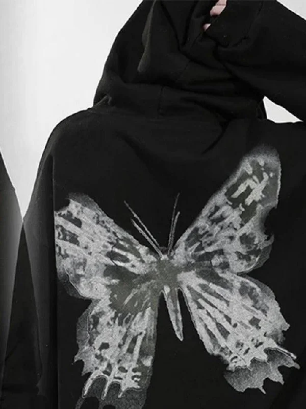 Street Butterfly Print Zip Up Oversized Hoodie Hoodie with Illustration Artistic Creative