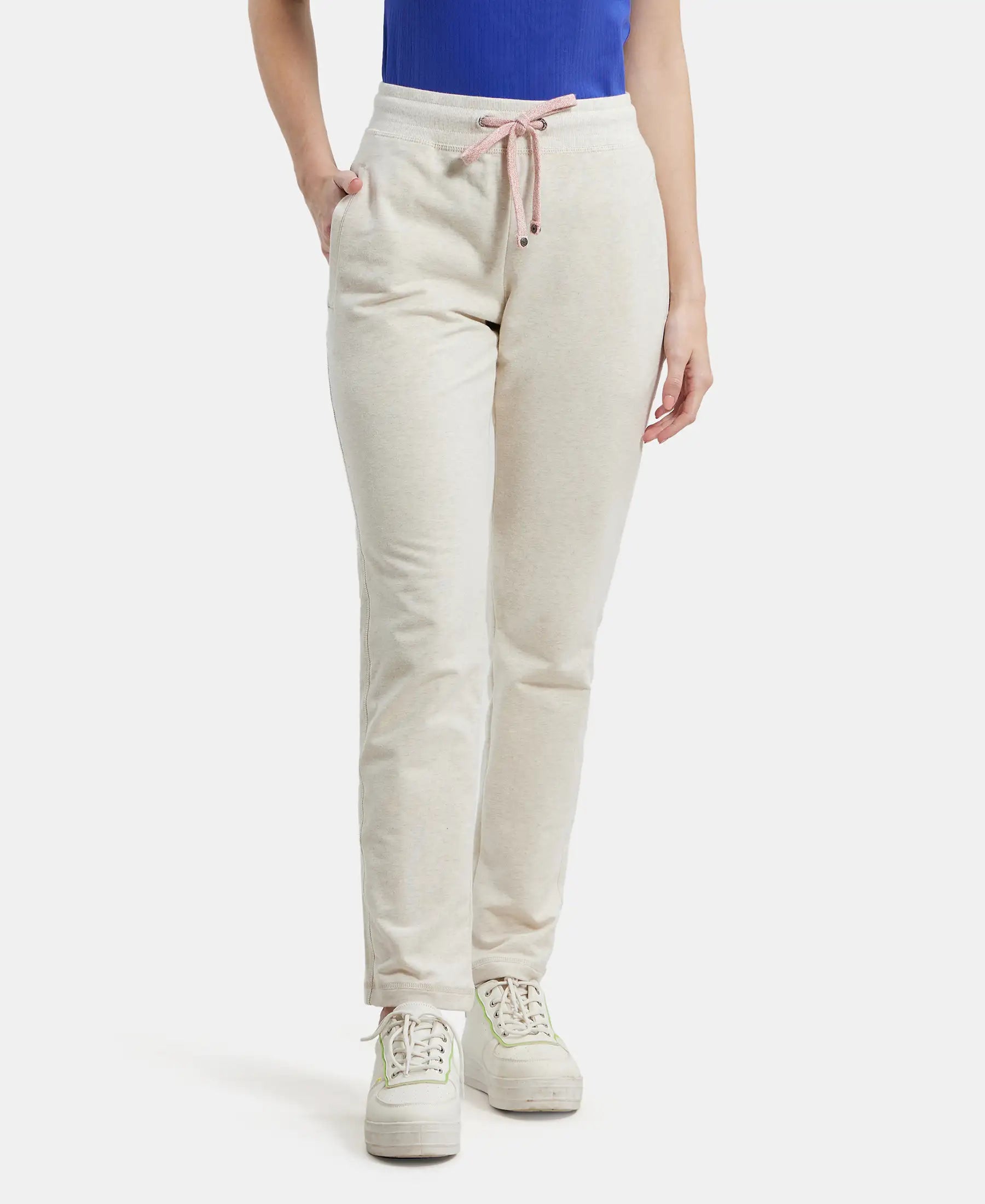 Super Combed Cotton French Terry Track Pant with Side Pockets - Cream Melange Trendy Wide-Leg Pants