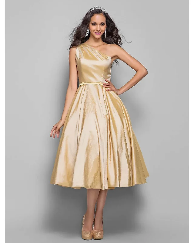 Elegant Cocktail Party Wedding Party Dress One Shoulder Sleeveless Taffeta Sash Ribbon Tunics Mesh breathable