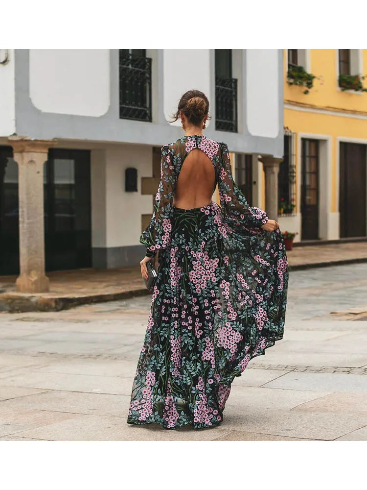 Wjczt Sexy Backless Bohemian Print Dress Maxi Dress Women's Travel Holiday Backless Floor-length Dress Daisy-print Beach Party Dress Tunics Denim casual