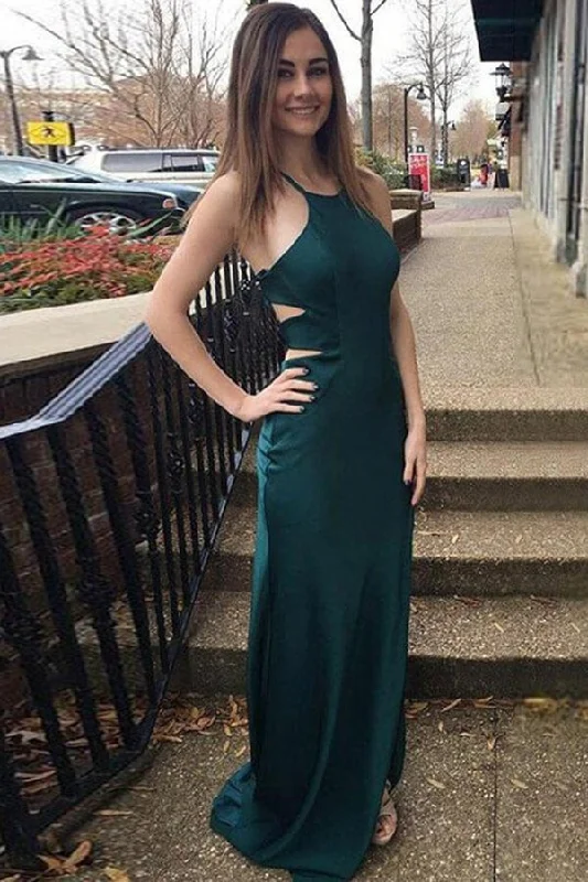 Satin Halter Sheath Prom Dresses, Criss-Cross Sweep Train Evening Dress