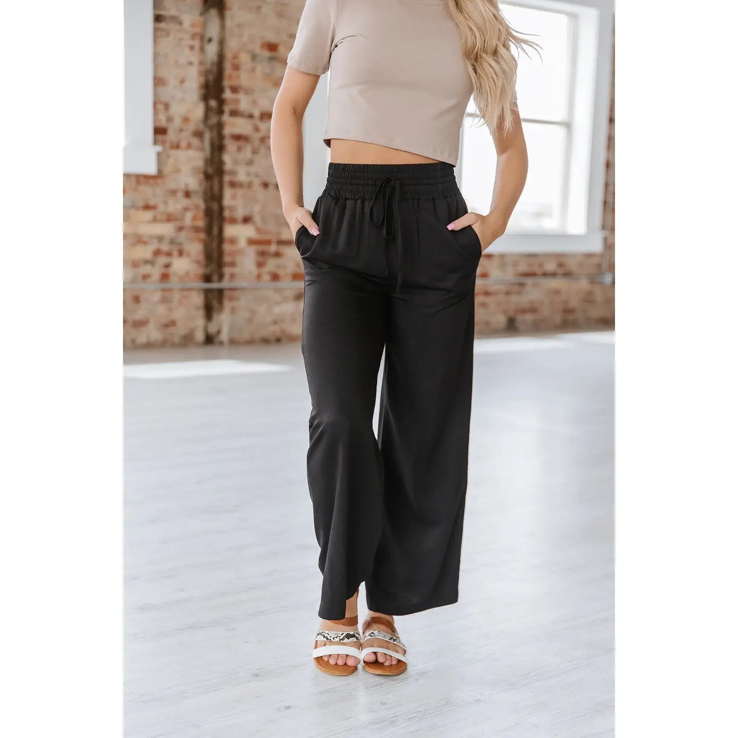 Black Wide Leg Drawstring Pants Chic Capri Pants